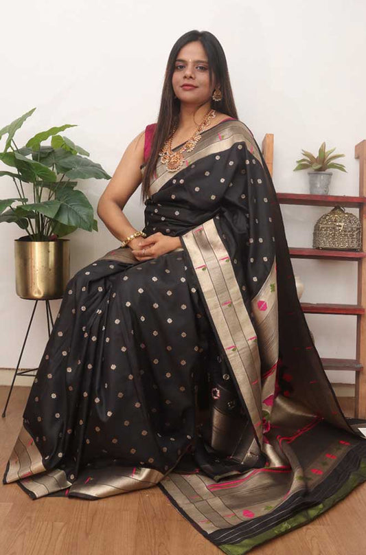 Black Paithani Silk Bird And Flower Design Muniya Border Saree - Luxurion World