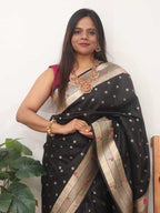 Black Paithani Silk Bird And Flower Design Muniya Border Saree - Luxurion World
