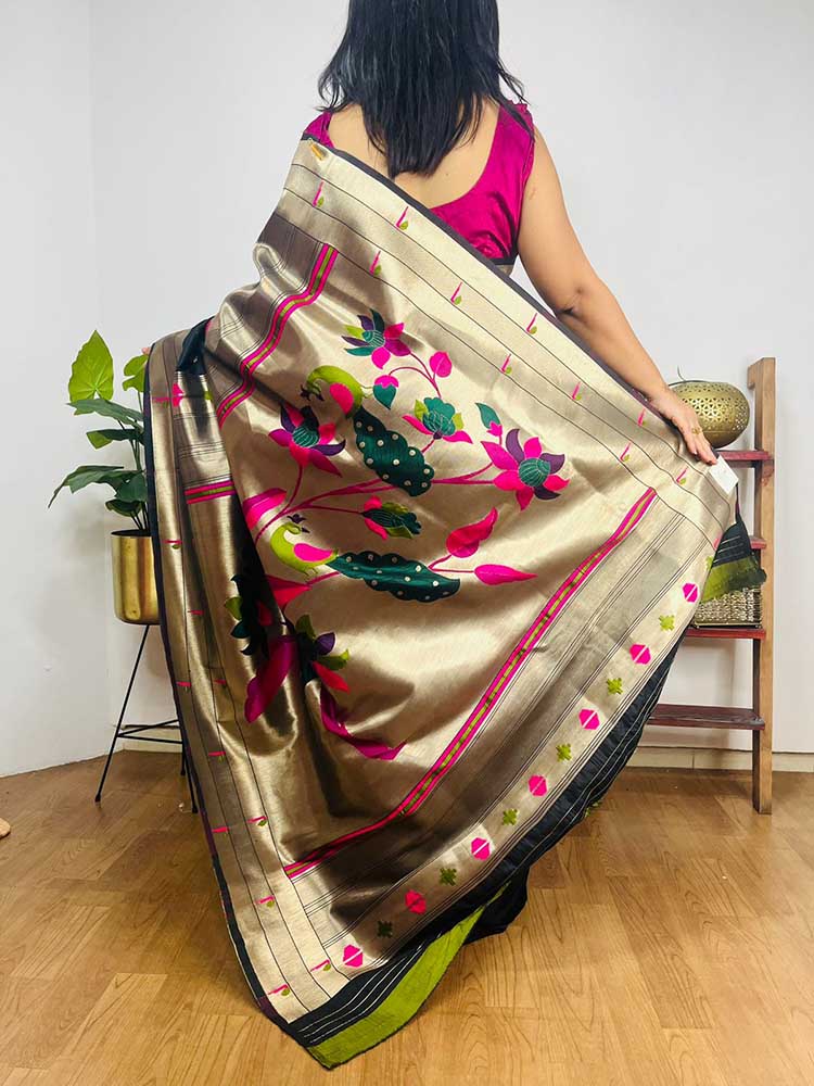 Black Paithani Silk Bird And Flower Design Muniya Border Saree - Luxurion World