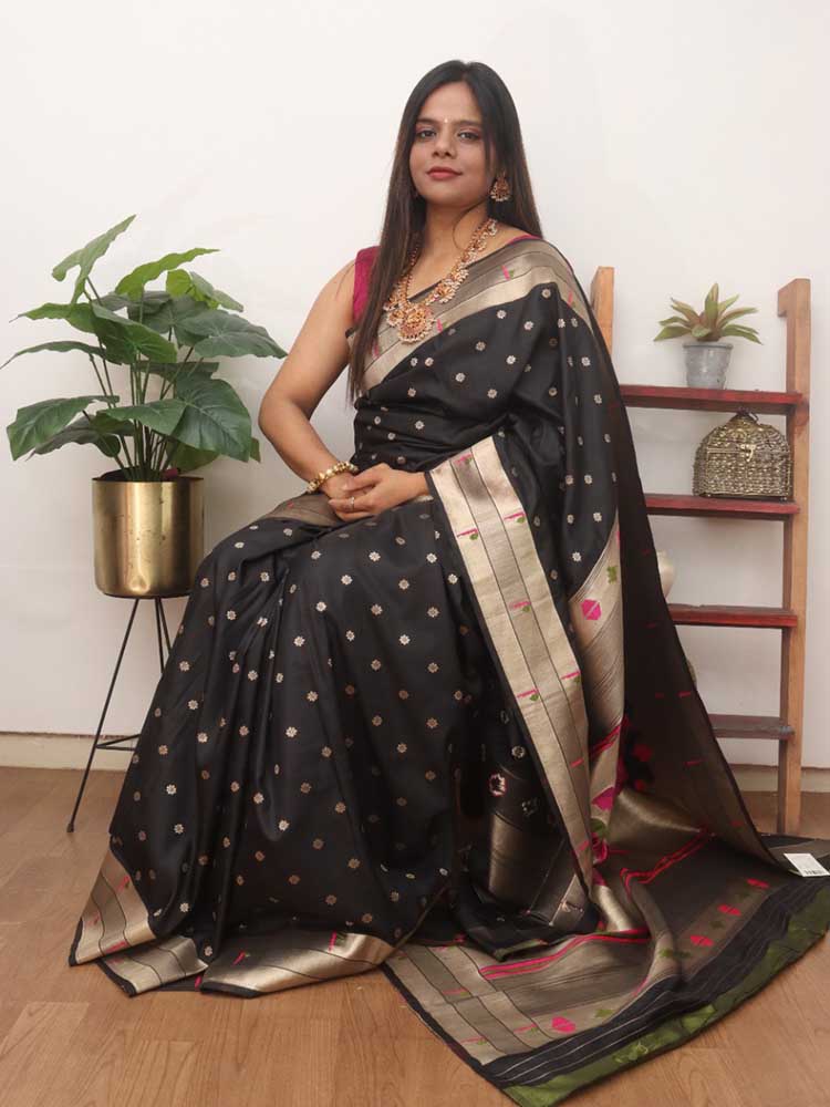 Black Paithani Silk Bird And Flower Design Muniya Border Saree - Luxurion World