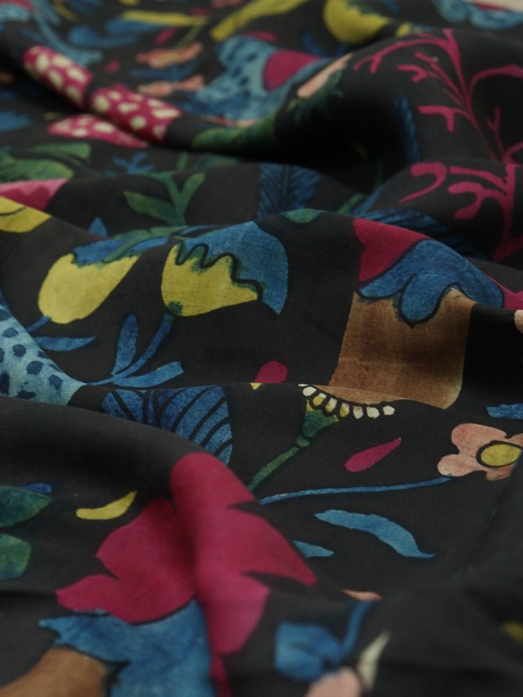 Black Pen Kalamkari Pure Silk Fabric ( 1 Mtr ) - Luxurion World