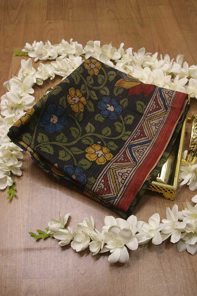 Black Pen Kalamkari Pure Silk Fabric ( 1 Mtr ) - Luxurion World