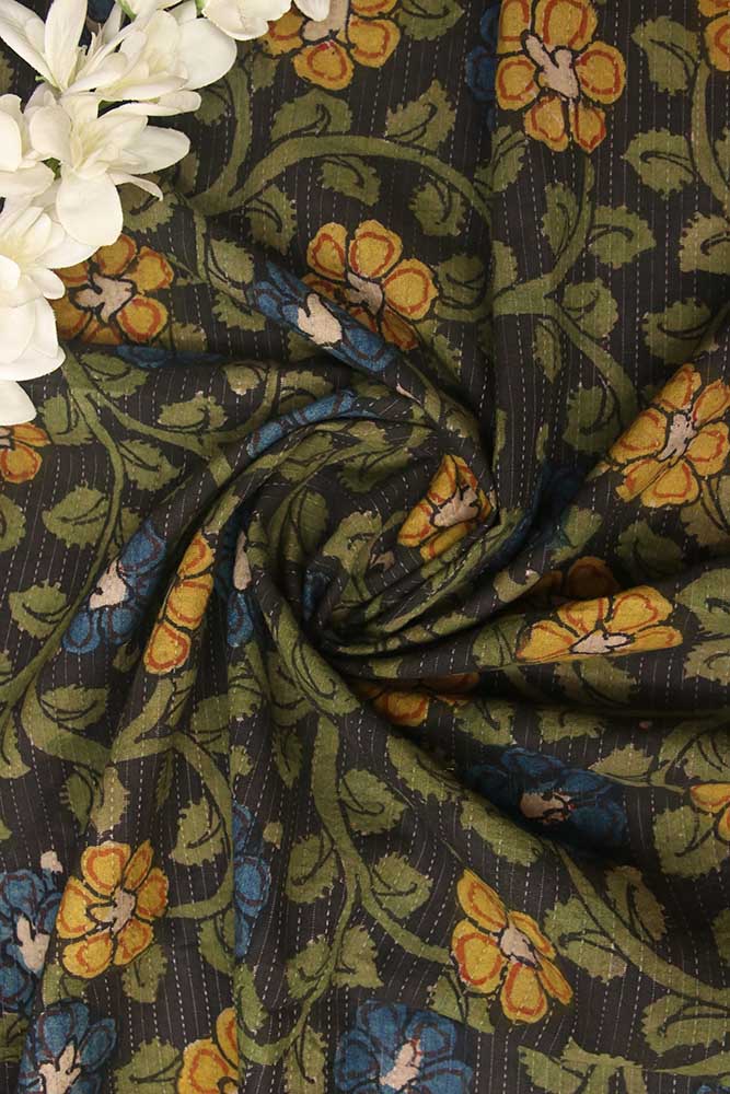 Black Pen Kalamkari Pure Silk Fabric ( 1 Mtr ) - Luxurion World