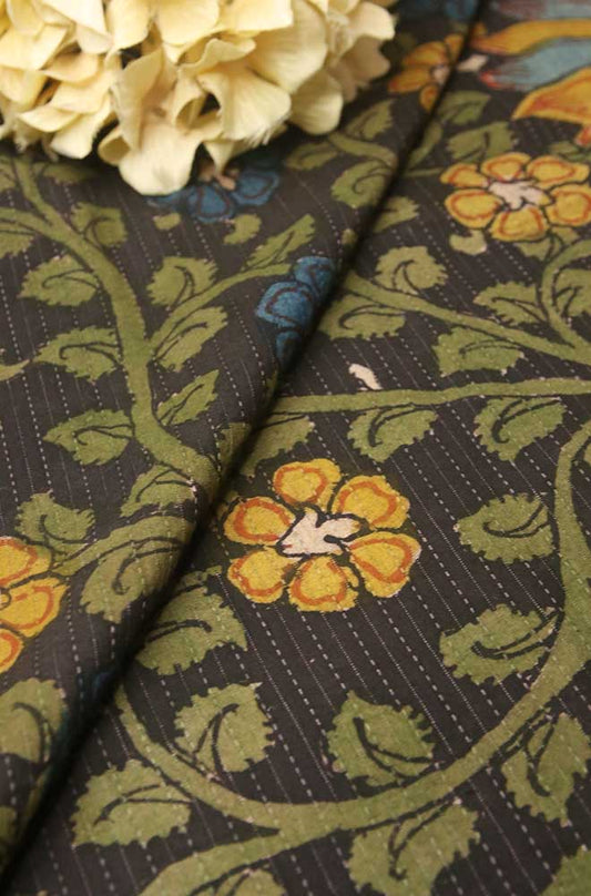 Black Pen Kalamkari Pure Silk Fabric ( 1 Mtr ) - Luxurion World