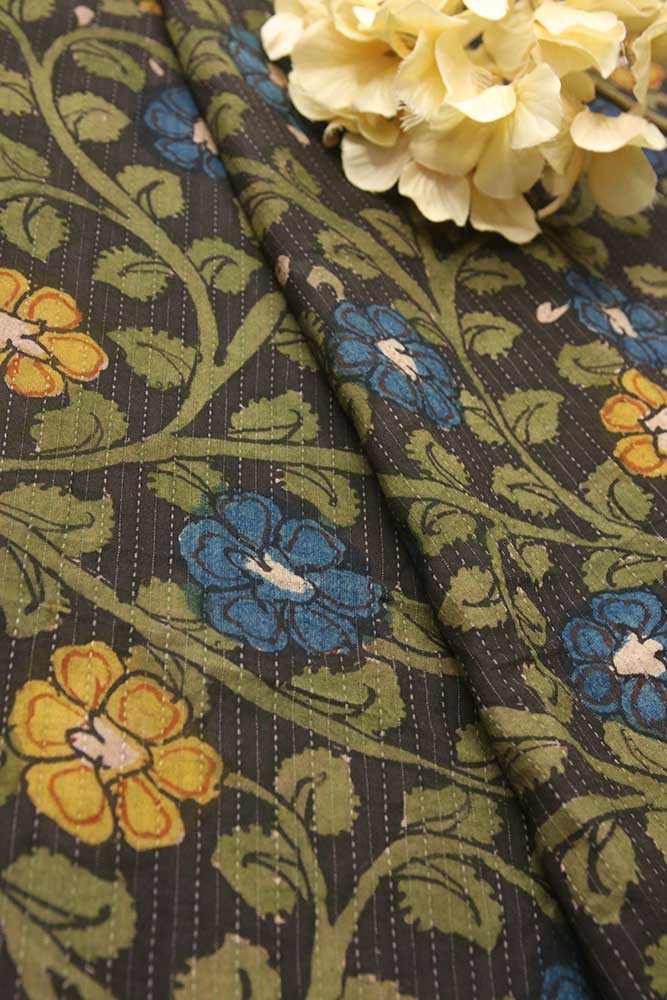 Black Pen Kalamkari Pure Silk Fabric ( 1 Mtr ) - Luxurion World