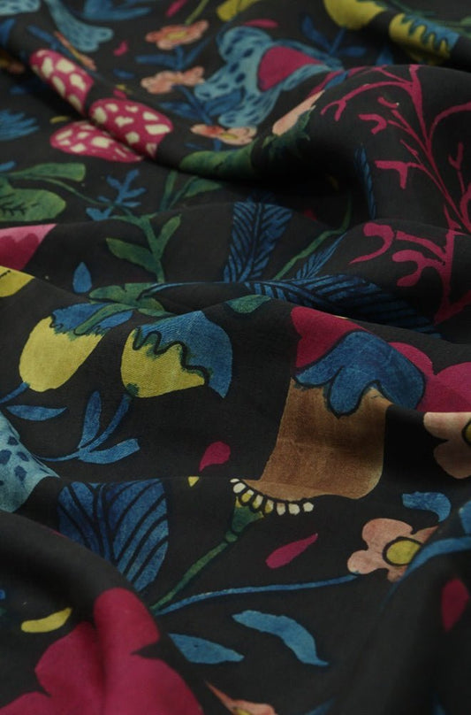 Black Pen Kalamkari Pure Silk Fabric ( 1 Mtr ) - Luxurion World