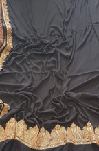 Black Plain Embroidered Kashmiri Tila Work Crepe Saree - Luxurion World