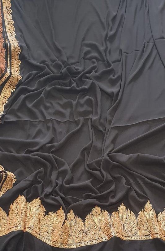 Black Plain Embroidered Kashmiri Tila Work Crepe Saree - Luxurion World