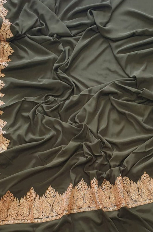 Black Plain Embroidered Kashmiri Tila Work Crepe Saree - Luxurion World