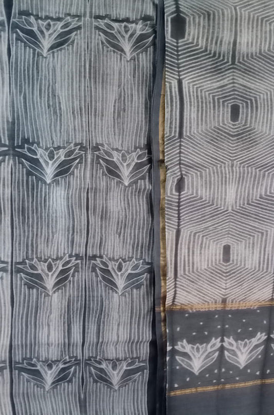 Black Shibori Cotton Silk Two Piece Unstitched Suit Set