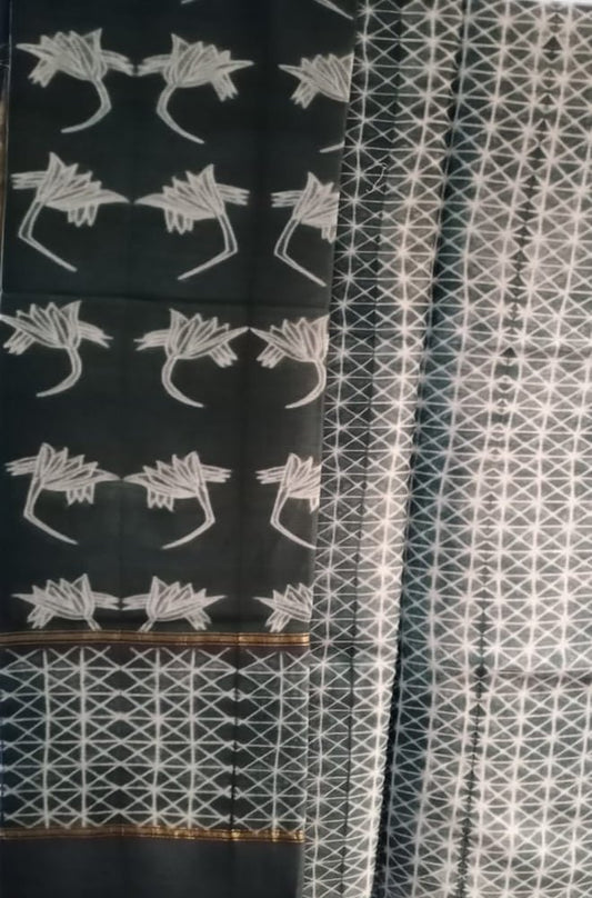 Black Shibori Cotton Silk Two Piece Unstitched Suit Set - Luxurion World