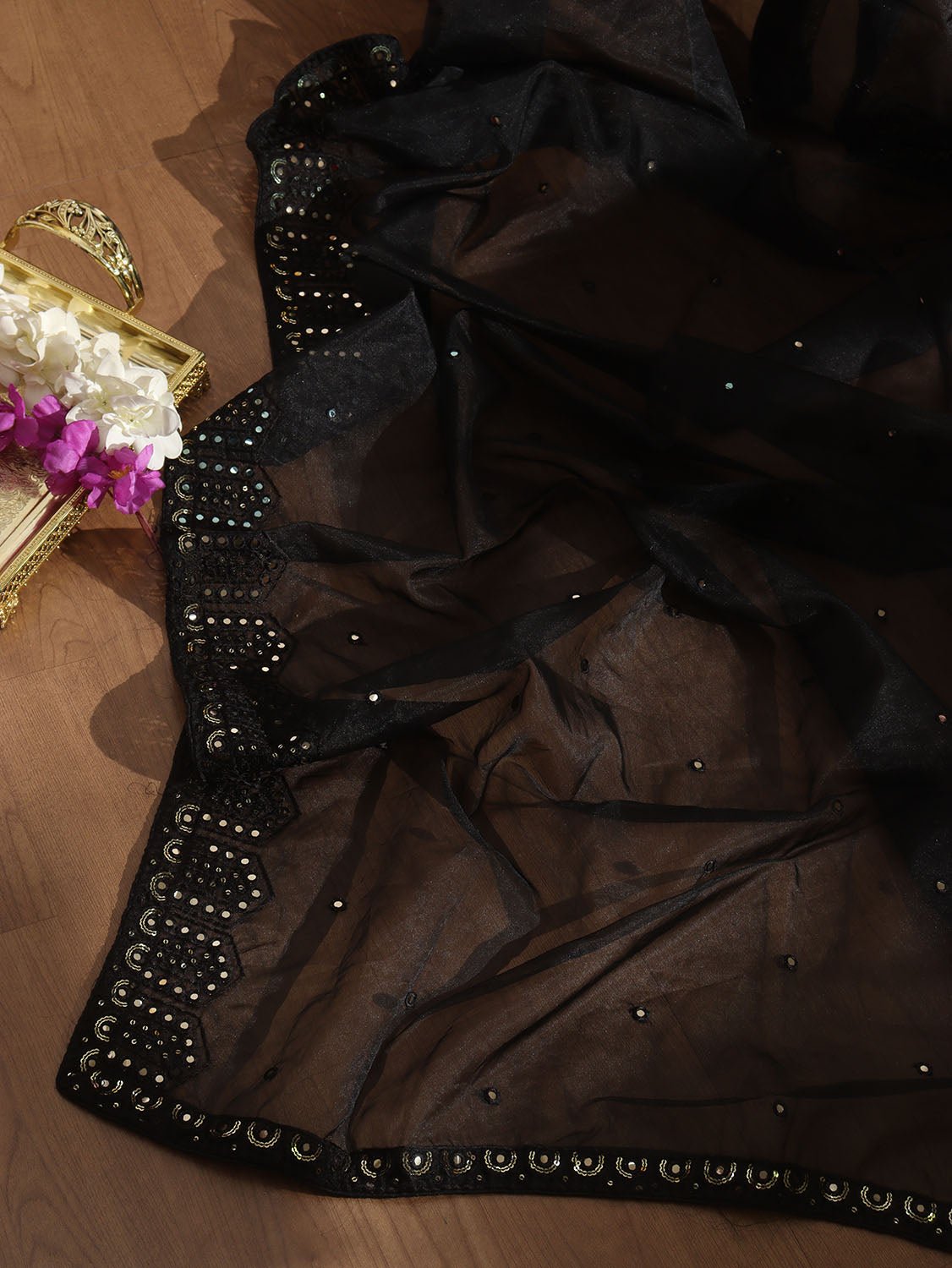 Black Trendy Organza Mirror Work Dupatta - Luxurion World