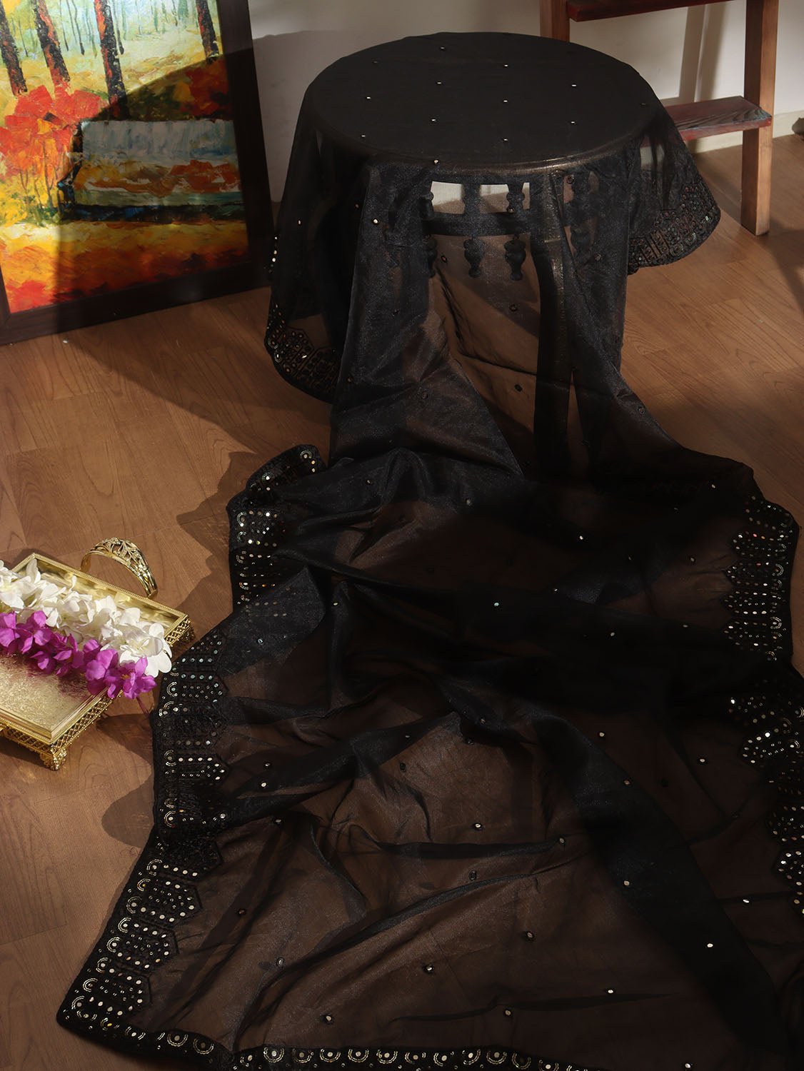 Black Trendy Organza Mirror Work Dupatta - Luxurion World