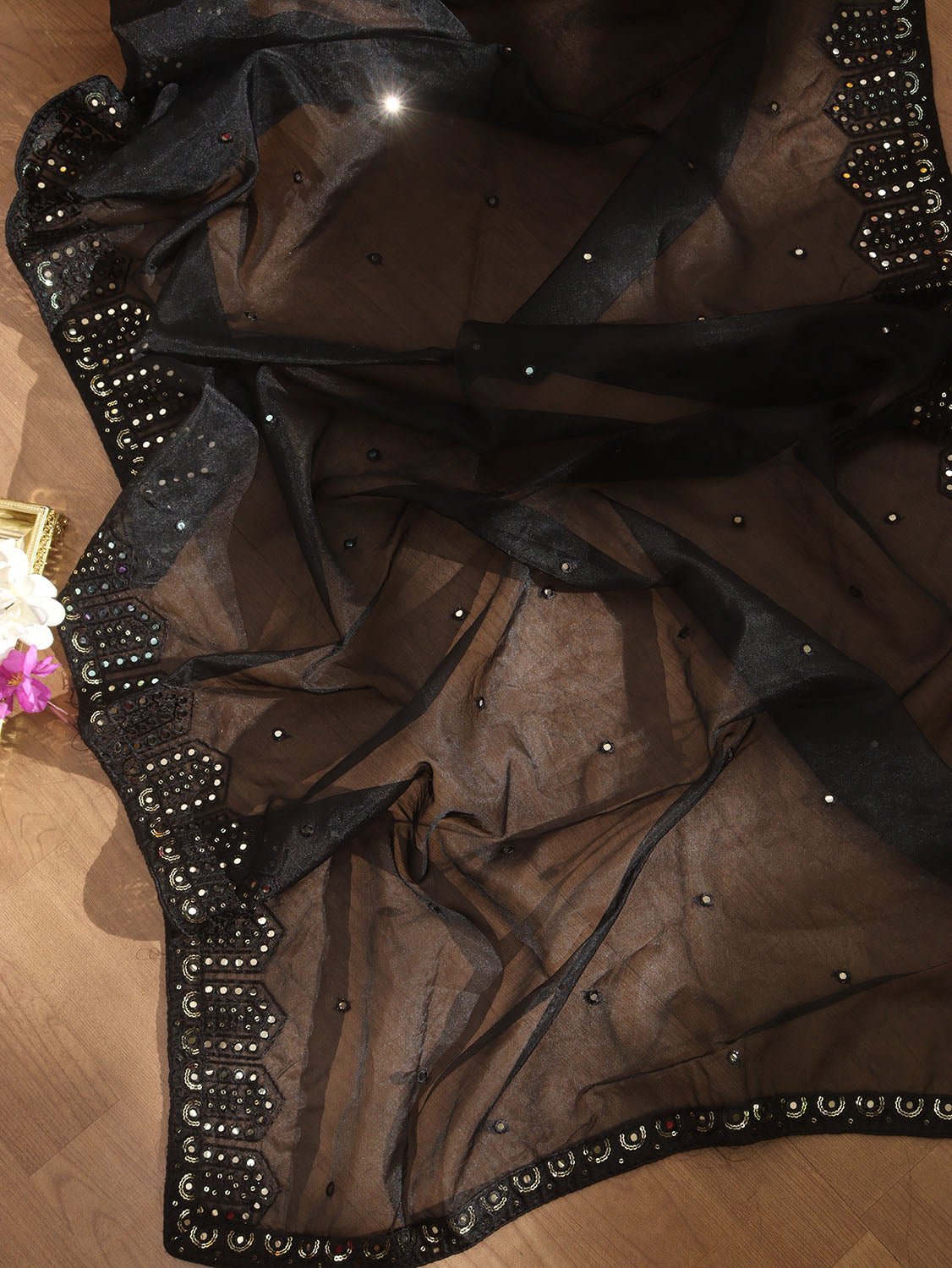 Black Trendy Organza Mirror Work Dupatta - Luxurion World