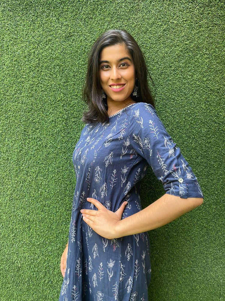 Blue A-line Cotton Block Printed Kurti - Luxurion World