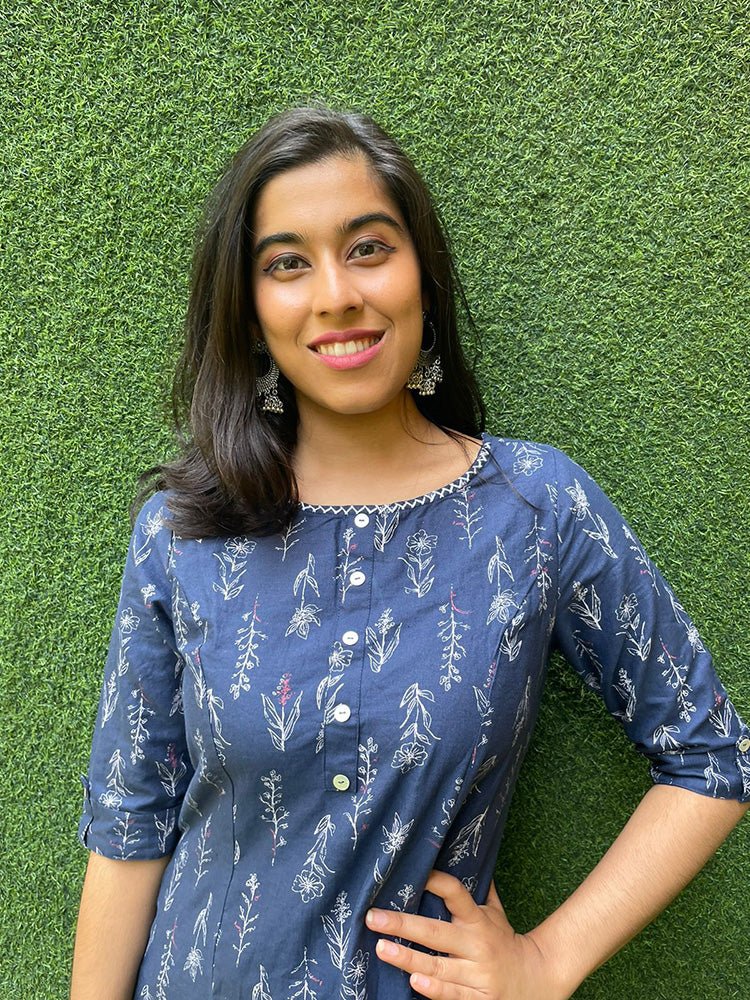 Blue A-line Cotton Block Printed Kurti - Luxurion World