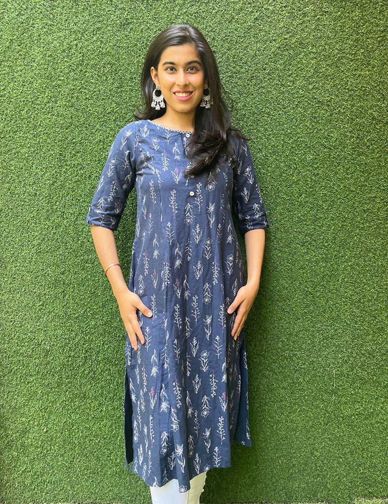 Blue A-line Cotton Block Printed Kurti - Luxurion World