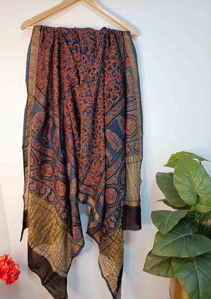 Blue Ajrakh Block Printed Chanderi Silk Tissue Border Dupatta - Luxurion World