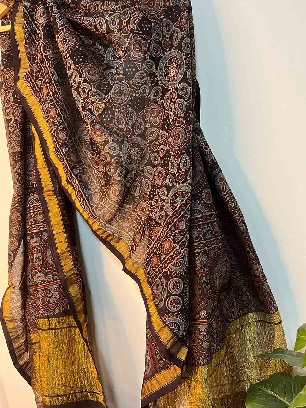 Blue Ajrakh Block Printed Chanderi Silk Tissue Border Dupatta - Luxurion World