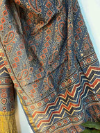 Blue Ajrakh Block Printed Chanderi Silk Tissue Border Dupatta - Luxurion World