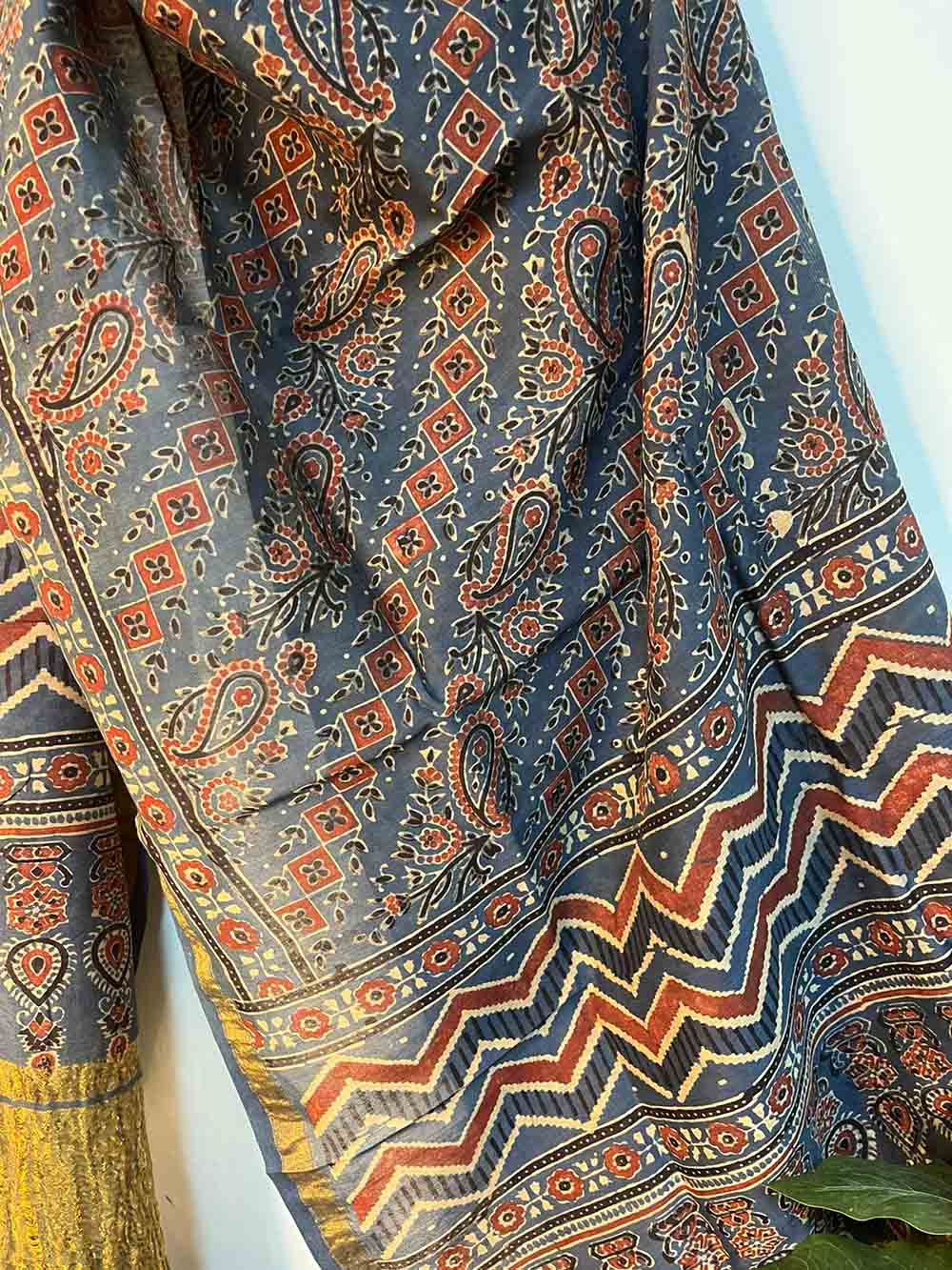 Blue Ajrakh Block Printed Chanderi Silk Tissue Border Dupatta - Luxurion World