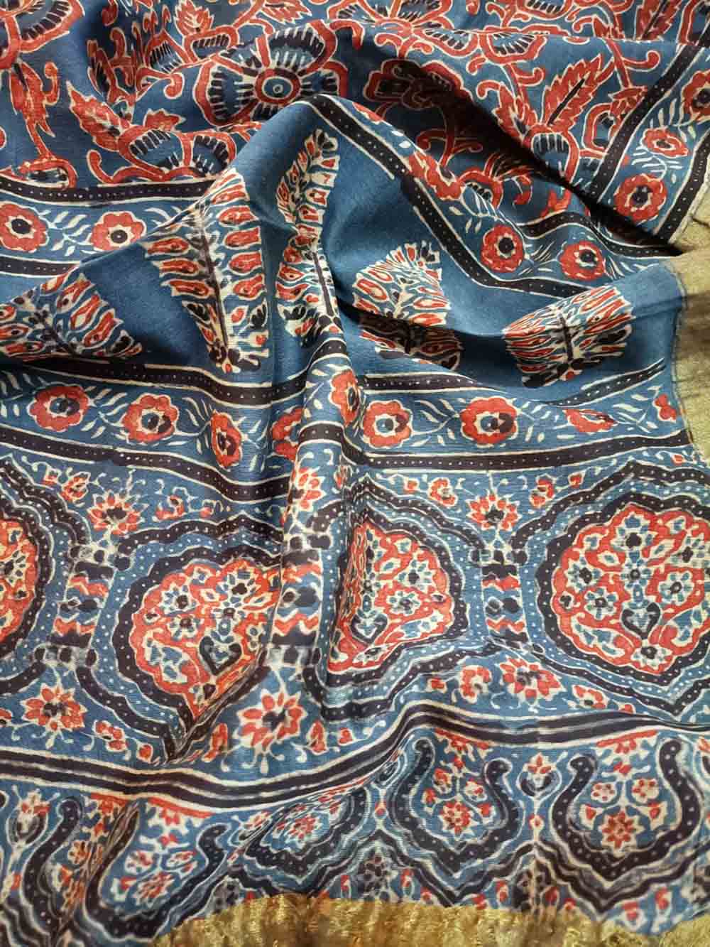 Blue Ajrakh Block Printed Chanderi Silk Tissue Border Dupatta - Luxurion World