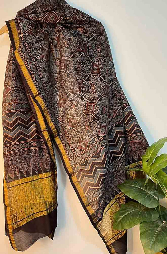 Blue Ajrakh Block Printed Chanderi Silk Tissue Border Dupatta - Luxurion World