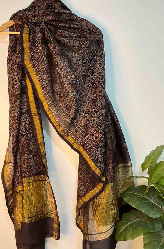 Blue Ajrakh Block Printed Chanderi Silk Tissue Border Dupatta - Luxurion World