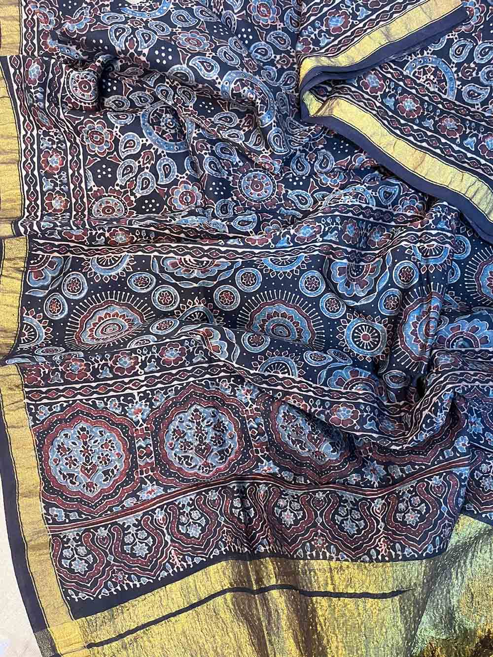 Blue Ajrakh Block Printed Chanderi Silk Tissue Border Dupatta