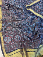 Blue Ajrakh Block Printed Chanderi Silk Tissue Border Dupatta - Luxurion World