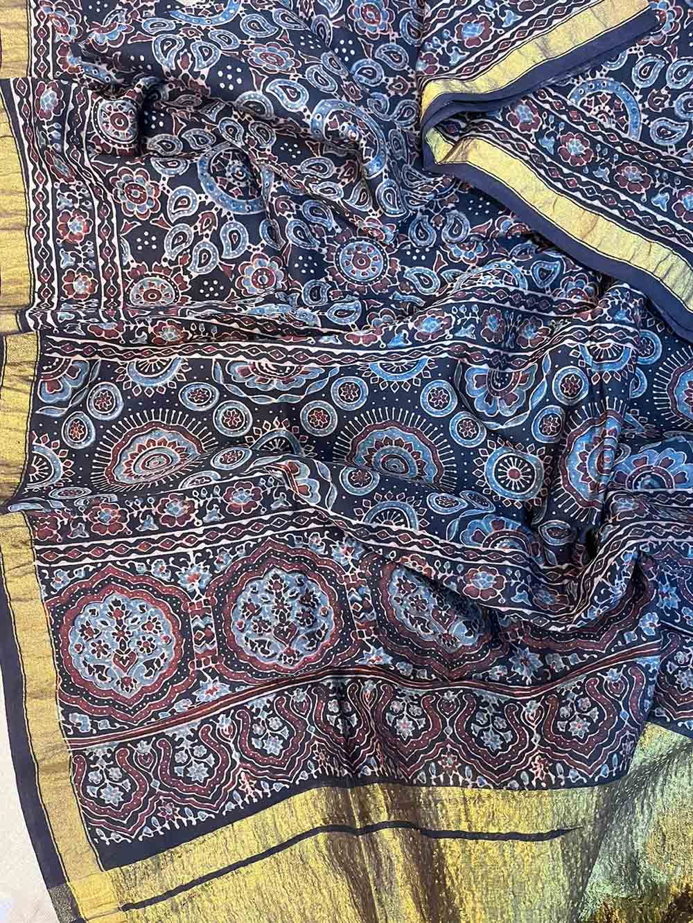 Blue Ajrakh Block Printed Chanderi Silk Tissue Border Dupatta - Luxurion World