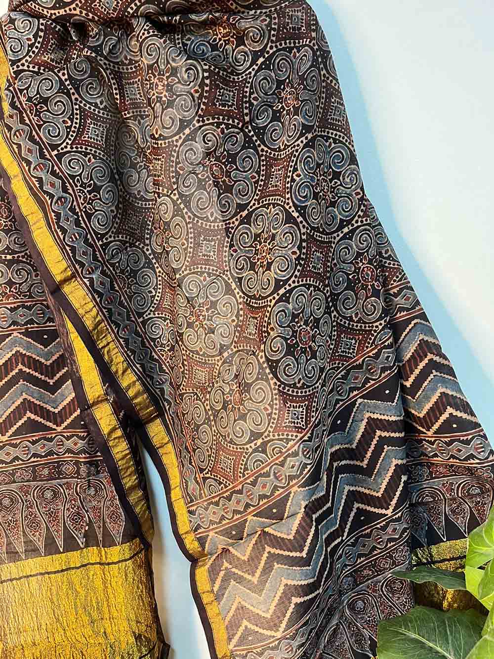 Blue Ajrakh Block Printed Chanderi Silk Tissue Border Dupatta - Luxurion World