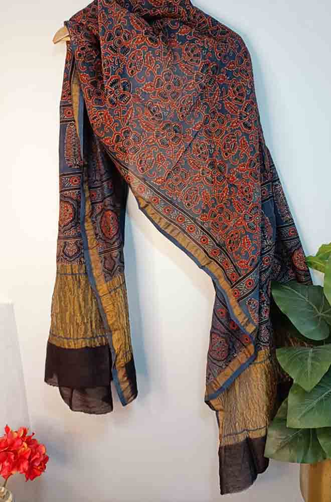 Blue Ajrakh Block Printed Chanderi Silk Tissue Border Dupatta - Luxurion World