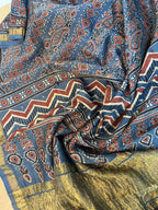 Blue Ajrakh Block Printed Chanderi Silk Tissue Border Dupatta - Luxurion World