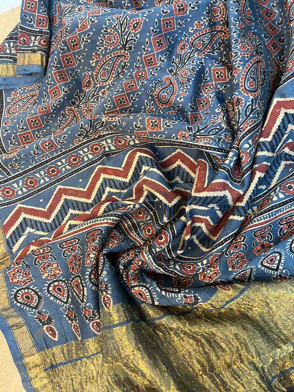 Blue Ajrakh Block Printed Chanderi Silk Tissue Border Dupatta - Luxurion World