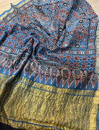 Blue Ajrakh Block Printed Chanderi Silk Tissue Border Dupatta - Luxurion World