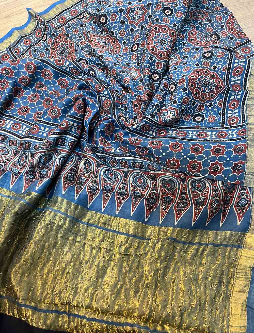 Blue Ajrakh Block Printed Chanderi Silk Tissue Border Dupatta - Luxurion World