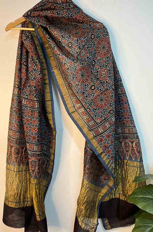 Blue Ajrakh Block Printed Chanderi Silk Tissue Border Dupatta - Luxurion World