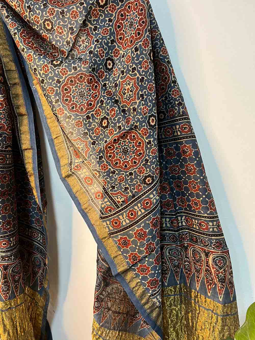 Blue Ajrakh Block Printed Chanderi Silk Tissue Border Dupatta - Luxurion World