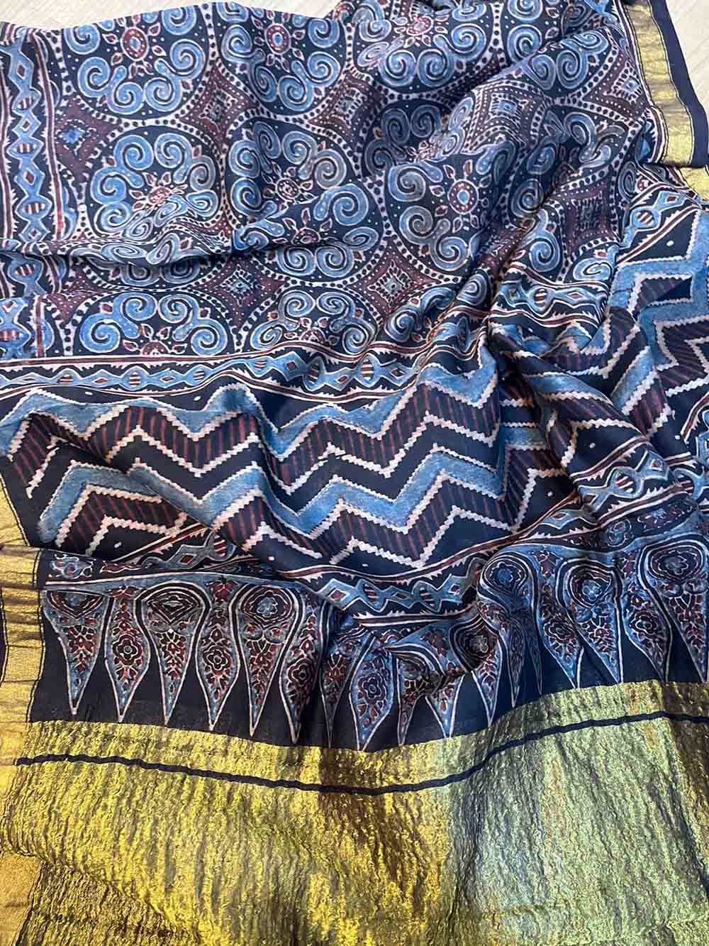 Blue Ajrakh Block Printed Chanderi Silk Tissue Border Dupatta - Luxurion World