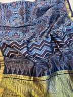 Blue Ajrakh Block Printed Chanderi Silk Tissue Border Dupatta - Luxurion World
