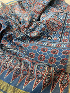 Blue Ajrakh Block Printed Chanderi Silk Tissue Border Dupatta - Luxurion World