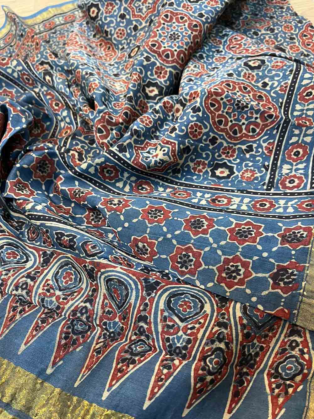 Blue Ajrakh Block Printed Chanderi Silk Tissue Border Dupatta - Luxurion World