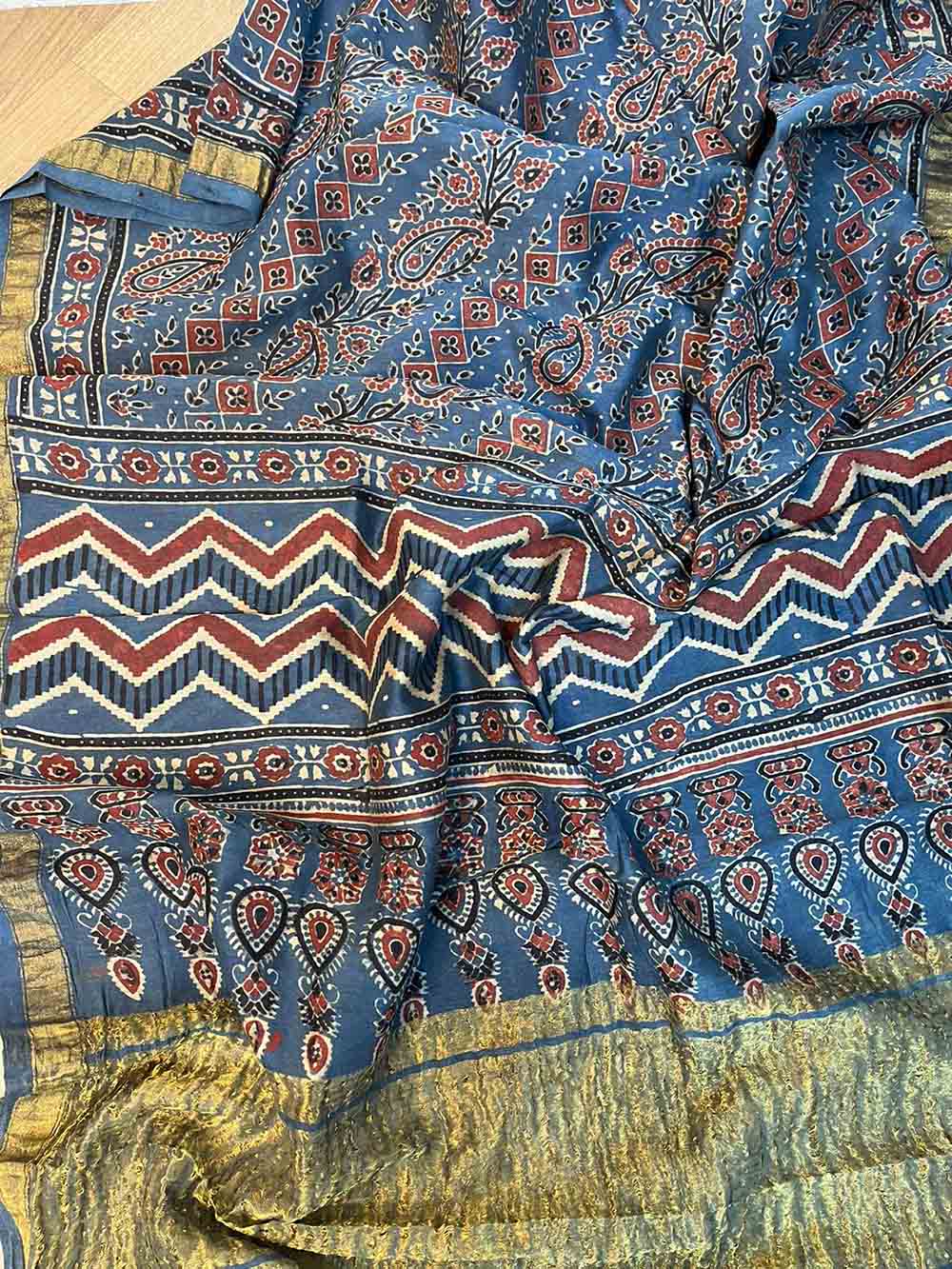 Blue Ajrakh Block Printed Chanderi Silk Tissue Border DupattaLuxurionworld