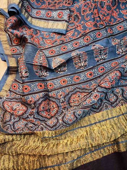 Blue Ajrakh Block Printed Chanderi Silk Tissue Border Dupatta - Luxurion World