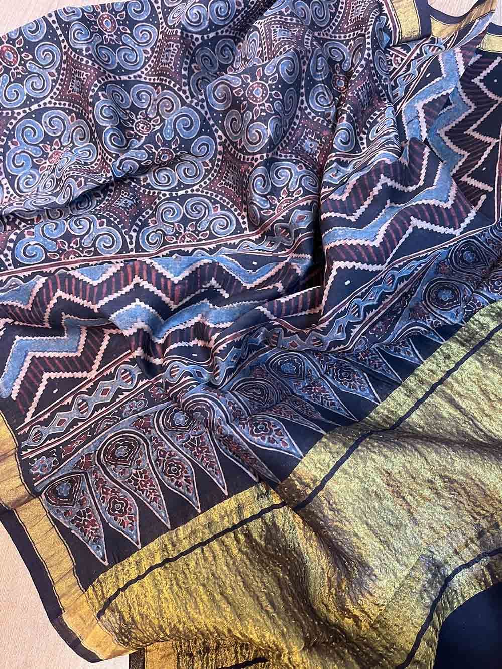 Blue Ajrakh Block Printed Chanderi Silk Tissue Border Dupatta - Luxurion World