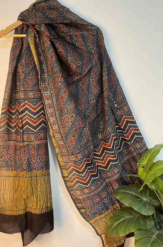 Blue Ajrakh Block Printed Chanderi Silk Tissue Border Dupatta - Luxurion World