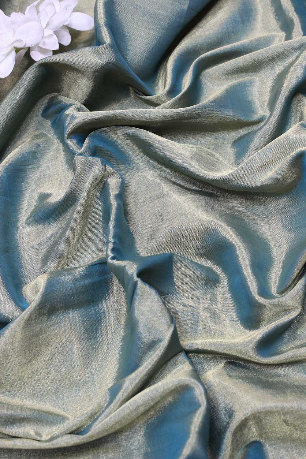 Blue And Golden Shot Color Chanderi Tissue Silk Fabric ( 1 Mtr )