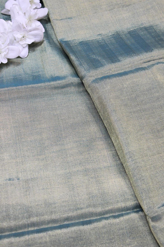 Blue And Golden Shot Color Chanderi Tissue Silk Fabric ( 1 Mtr ) - Luxurion World