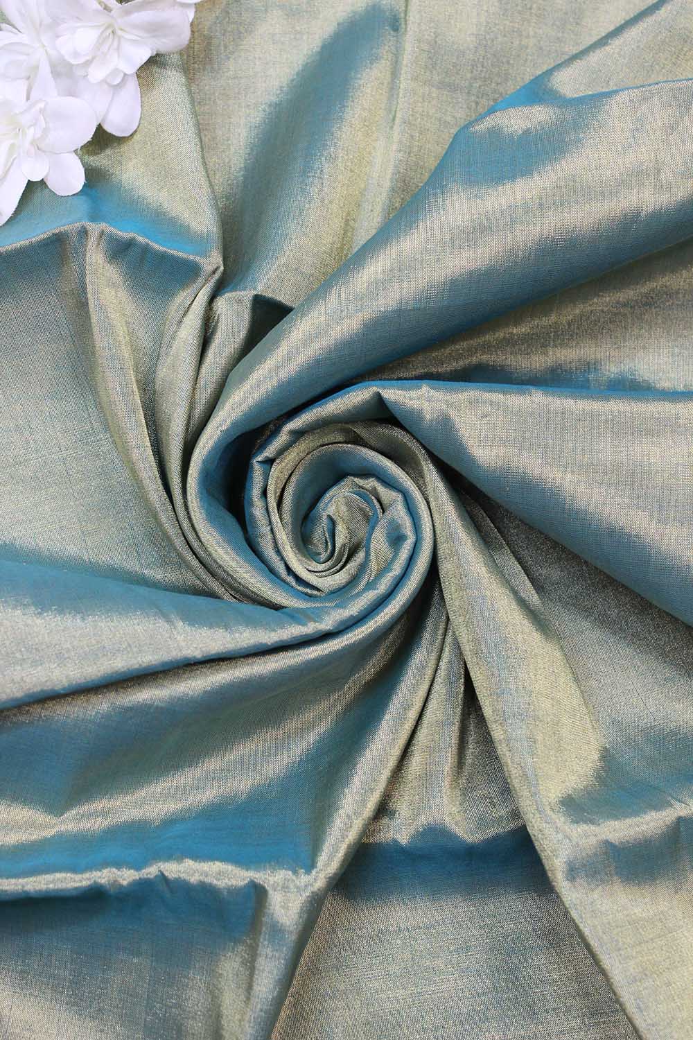 Blue And Golden Shot Color Chanderi Tissue Silk Fabric ( 1 Mtr ) - Luxurion World